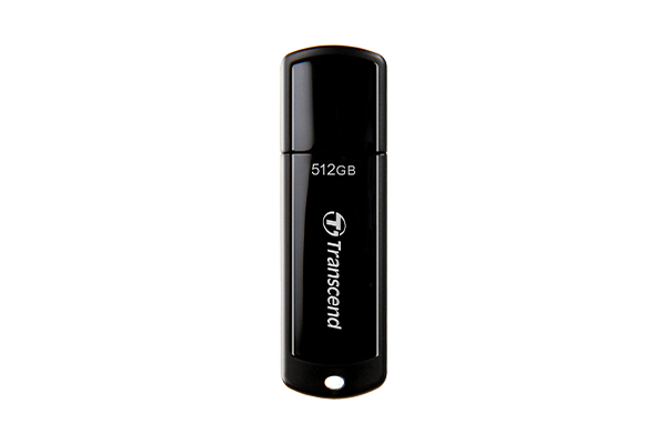 Chiavetta USB nera Transcend da 512 GB su sfondo bianco.