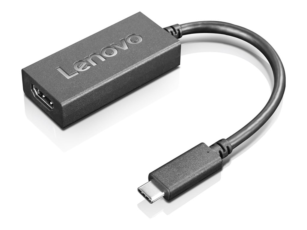 Schwarzer Lenovo USB-C auf HDMI Adapter mit kurzem Kabel vor hellem Hintergrund.