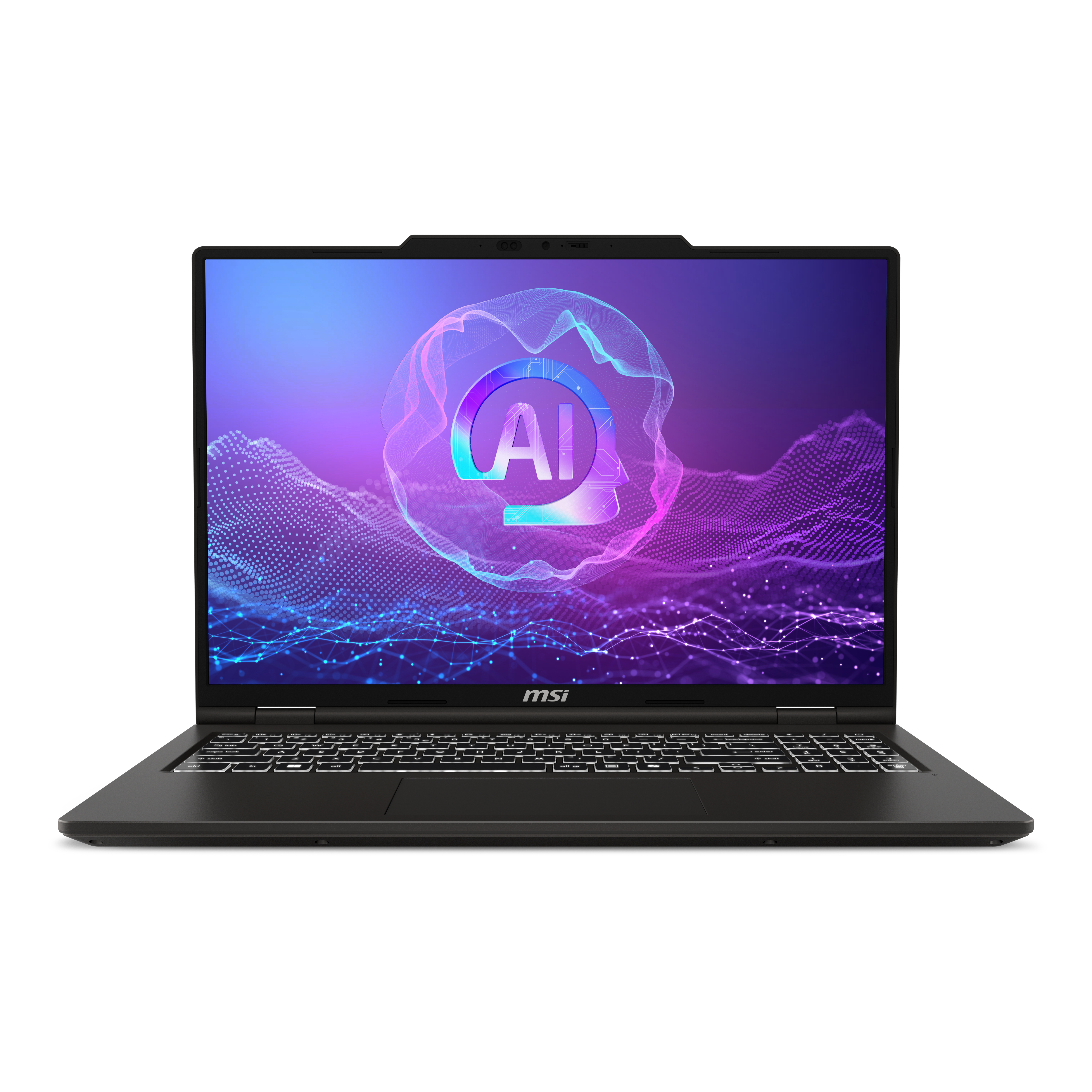 Un computer portatile MSI nero mostra un logo AI astratto sullo schermo blu.