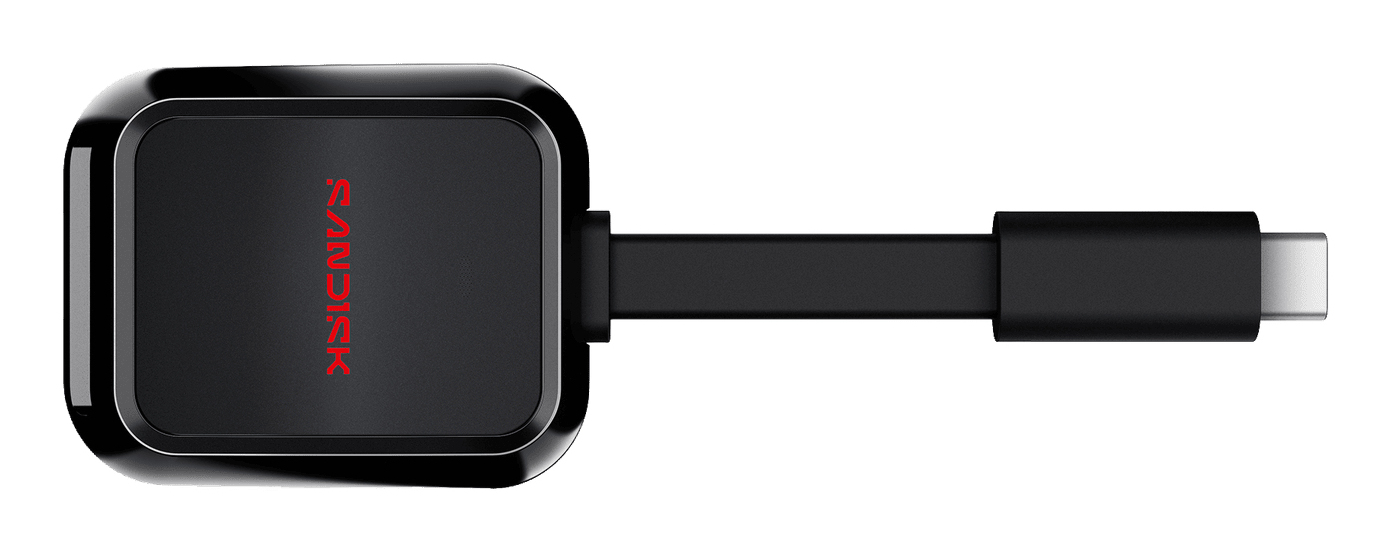 Un'unità flash USB-C SanDisk nera è mostrata su uno sfondo bianco.