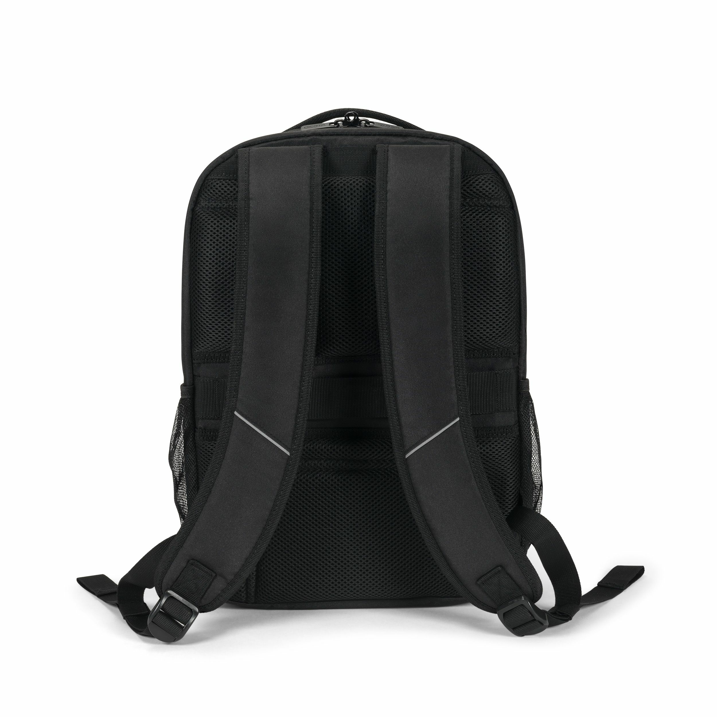 A black backpack seen from the back, featuring padded shoulder straps and mesh panels on a white background.