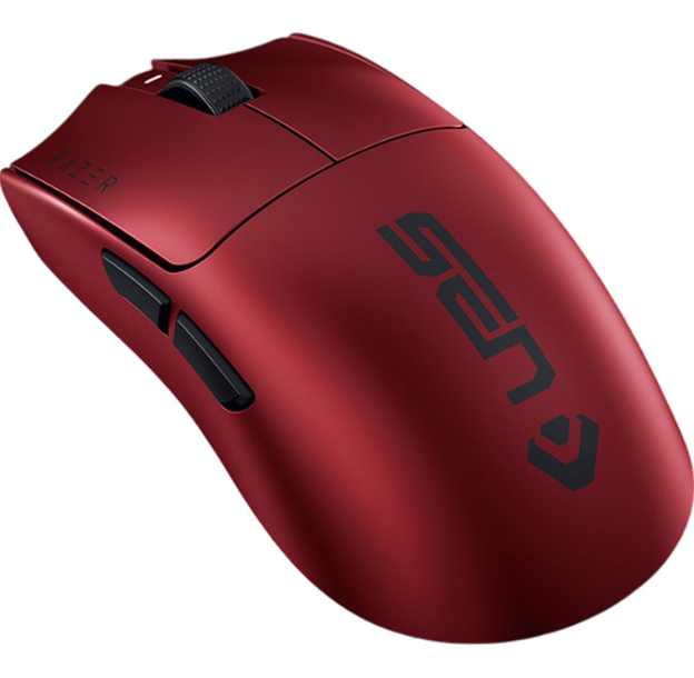 Eine matte, rote kabellose Razer-Gaming-Maus mit schwarzem Scrollrad und Seitentasten auf schwarzem Hintergrund.