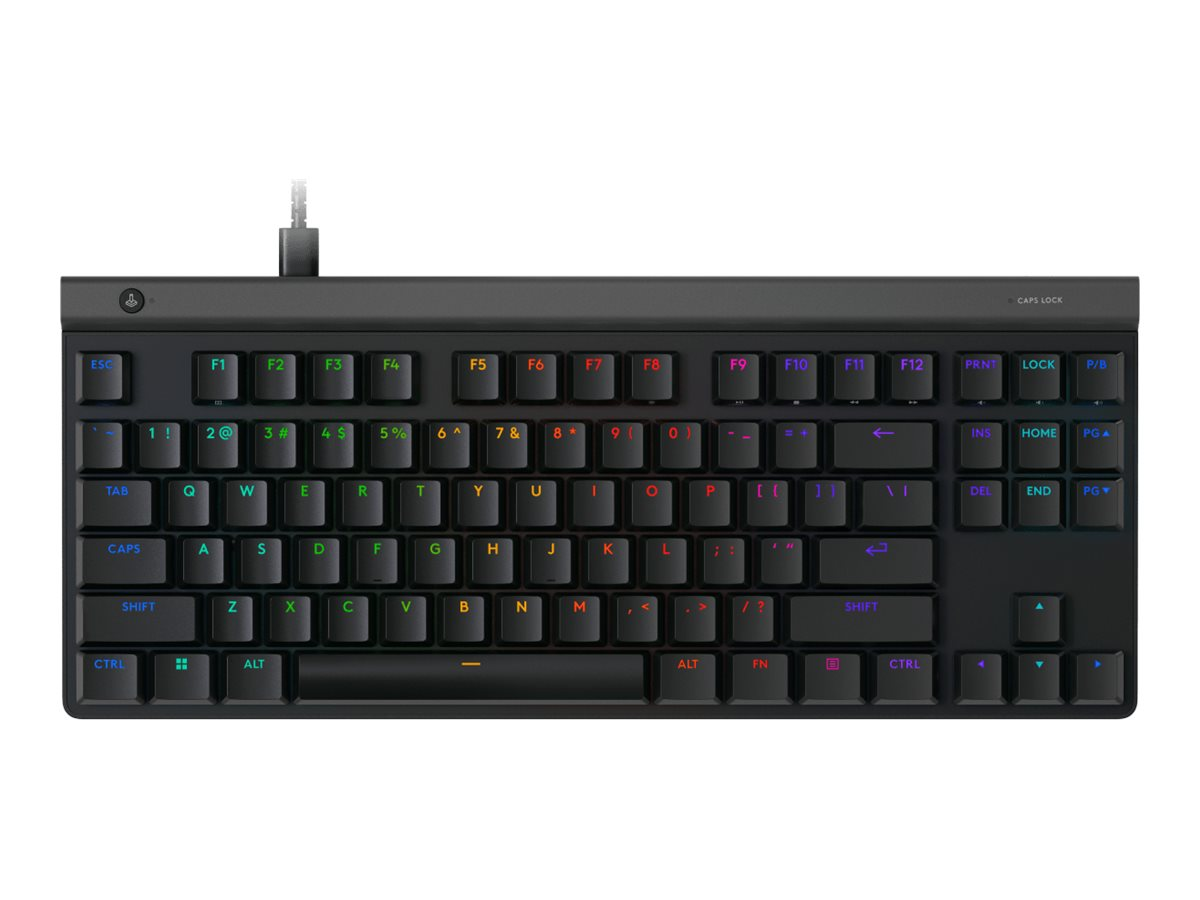 Eine schwarze mechanische Tastatur mit leuchtenden, mehrfarbigen Tasten und angeschlossenem USB-Kabel.