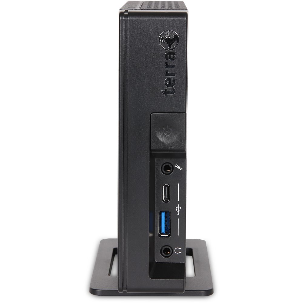 Minipc negro con logo de Terra y puertos frontales en una base.