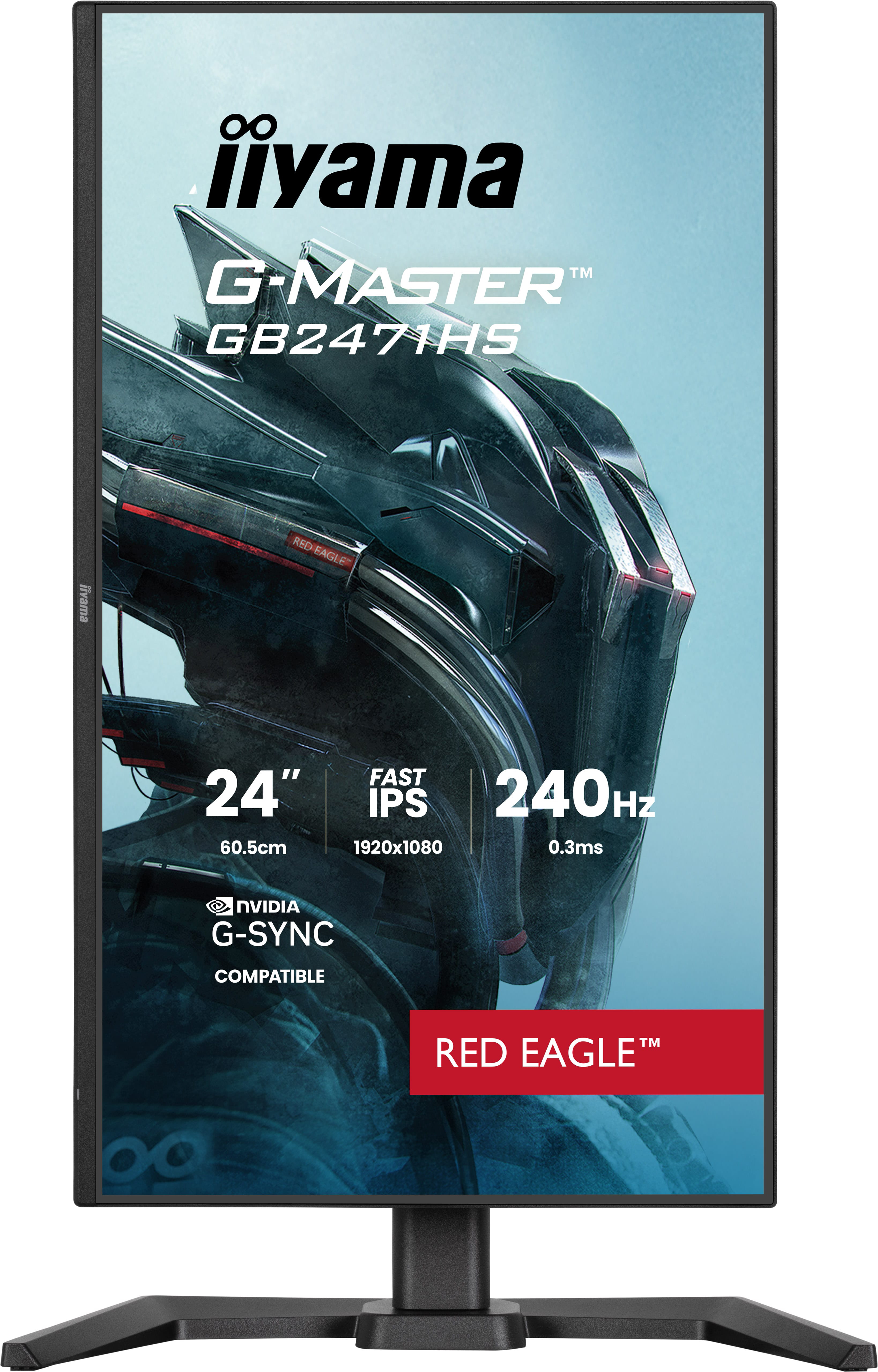 Iiyama G-Master GB2471HS 24-inch monitor with Fast IPS and 240Hz, displayed against a blue mech graphic background.