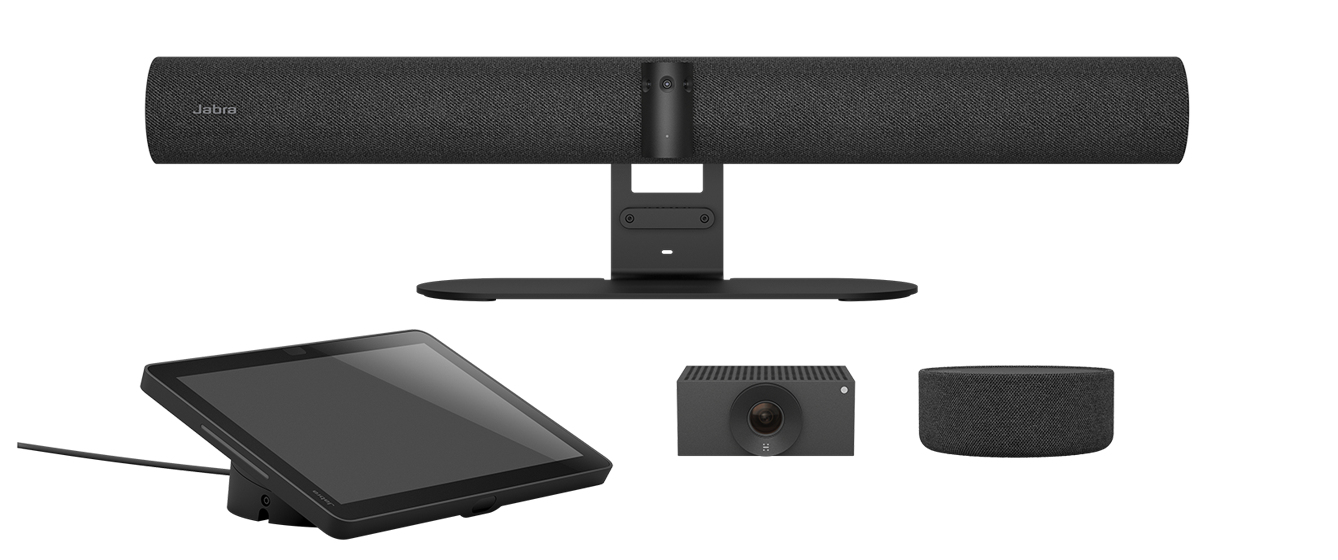 Sistema di videoconferenza Jabra nero con soundbar, telecamera, pannello touch e microfono rotondo su sfondo bianco.