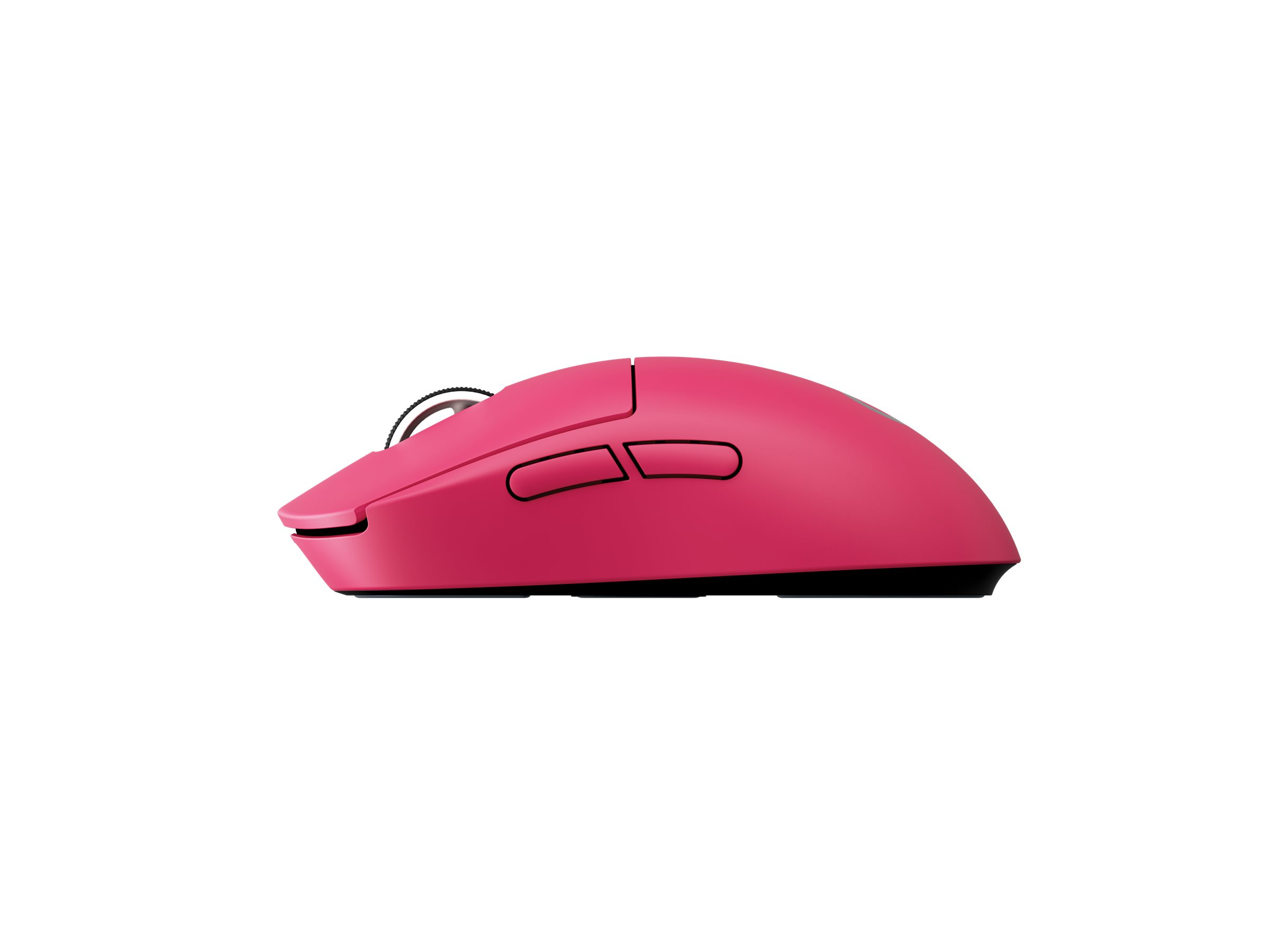 Eine pinke Computermaus mit zwei Daumentasten und einem Scrollrad, seitlich auf weißem Hintergrund.