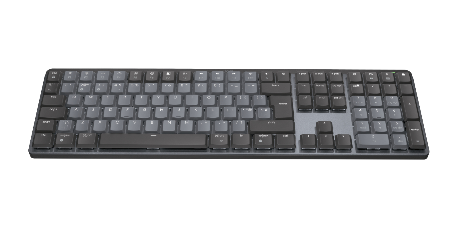 Tastiera per computer nera wireless con tastierino numerico grigio e tasti grigio chiaro.