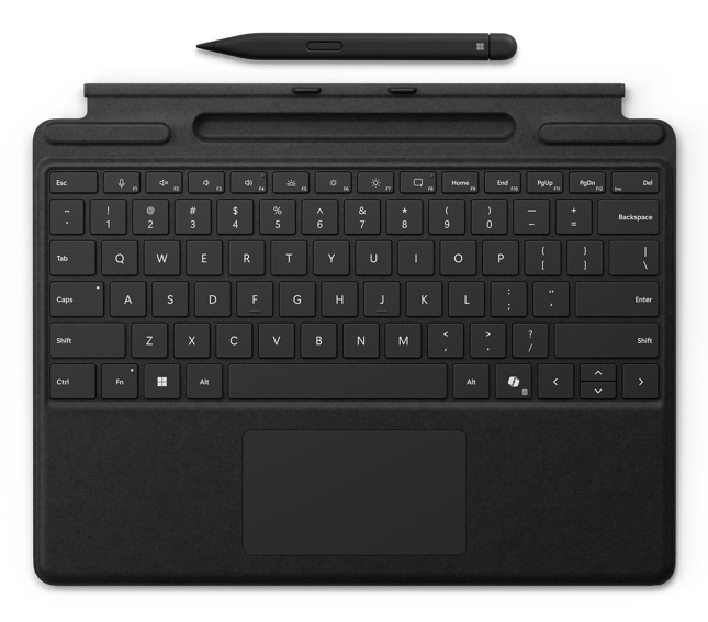 Eine schwarze Tablet-Tastatur mit integriertem Touchpad und einem dazugehörigen digitalen Stift oben auf weißem Grund.