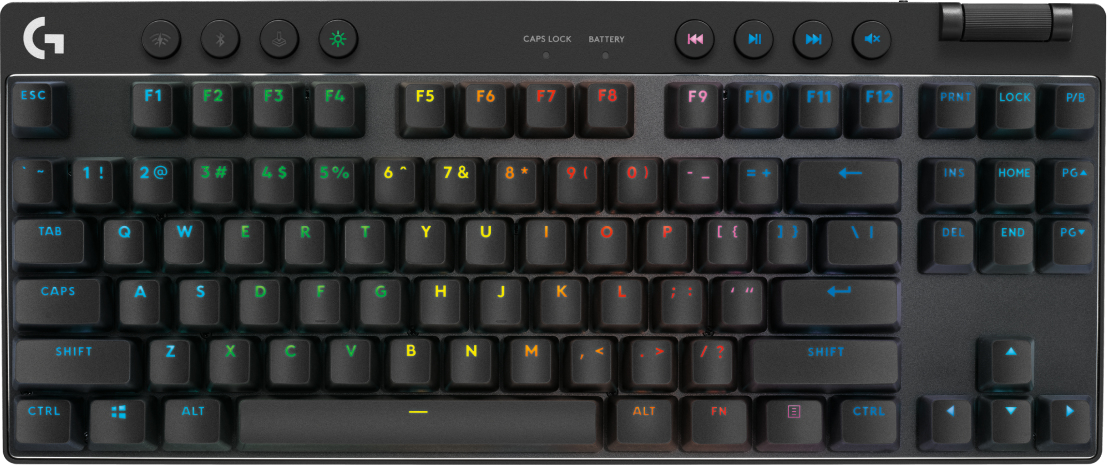 Schwarze Logitech-Tastatur mit RGB-Hintergrundbeleuchtung und Multimediatasten oben.