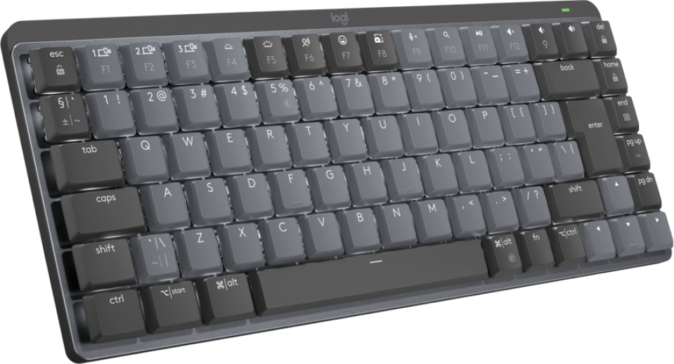 A compact, gray Logitech wireless keyboard featuring low-profile keys with round indentations.