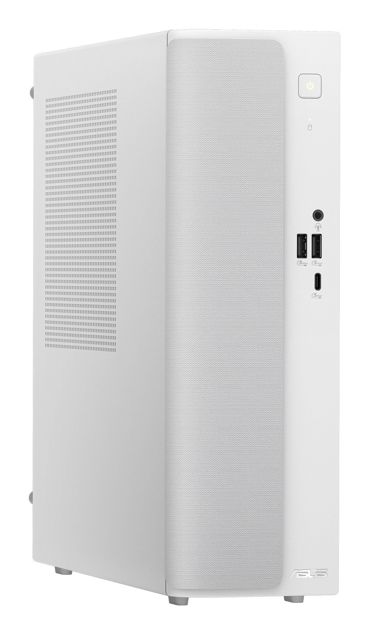 Un case per computer bianco con pannello frontale testurizzato, pulsante di accensione, porte USB e jack audio.