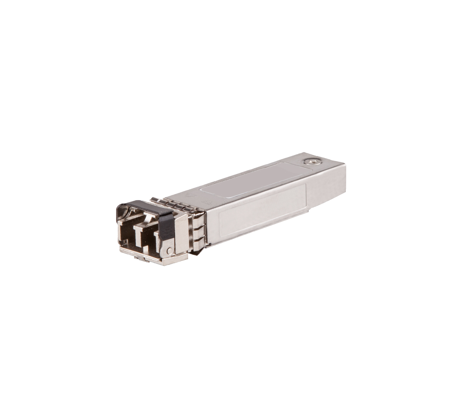 Un modulo trasmettitore SFP in metallo argentato con gancio nero su sfondo bianco.