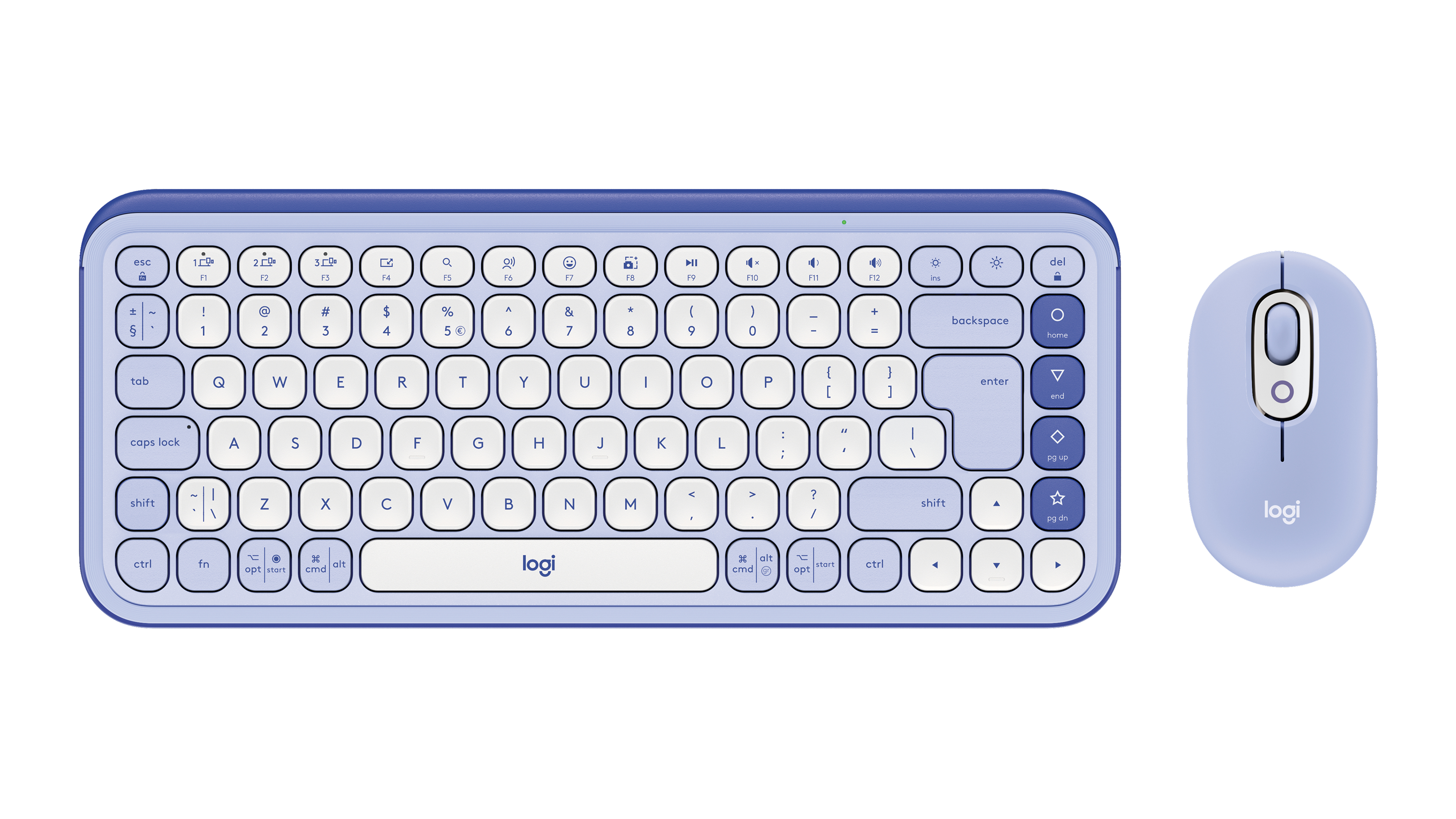 Una tastiera Logitech azzurra con tasti rotondi e un mouse per computer azzurro coordinato.