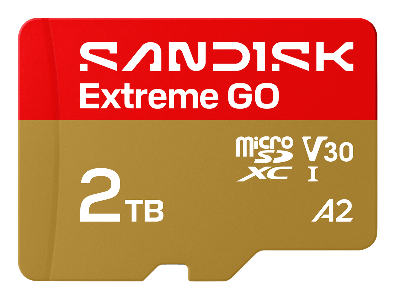 Une carte micro SDXC SanDisk Extreme GO 2TB rouge et dorée avec du texte blanc.