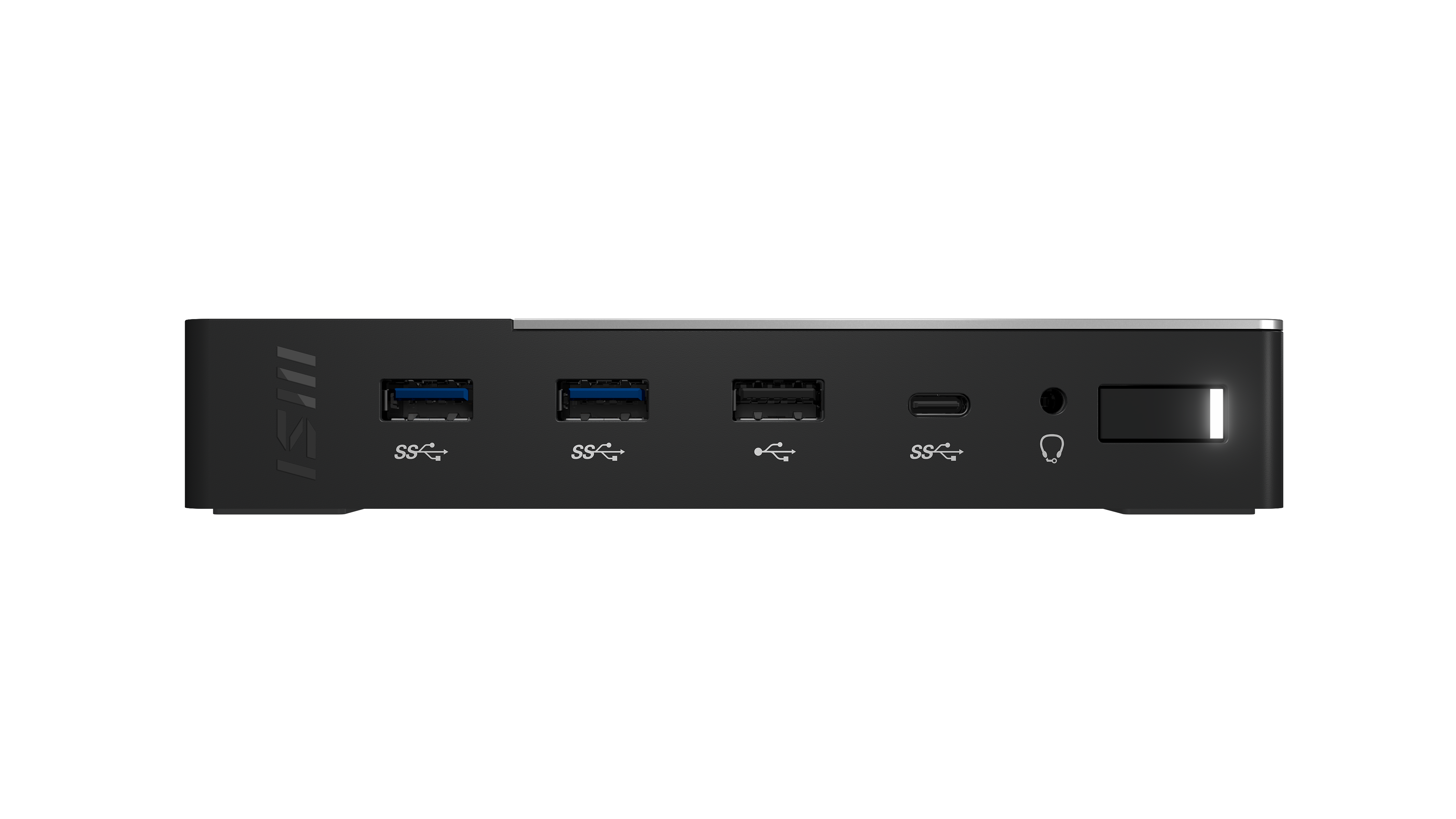 Vista frontal de un centro de acoplamiento MSI negro que muestra varios puertos USB, USB-C, conector de audio y botón de encendido.