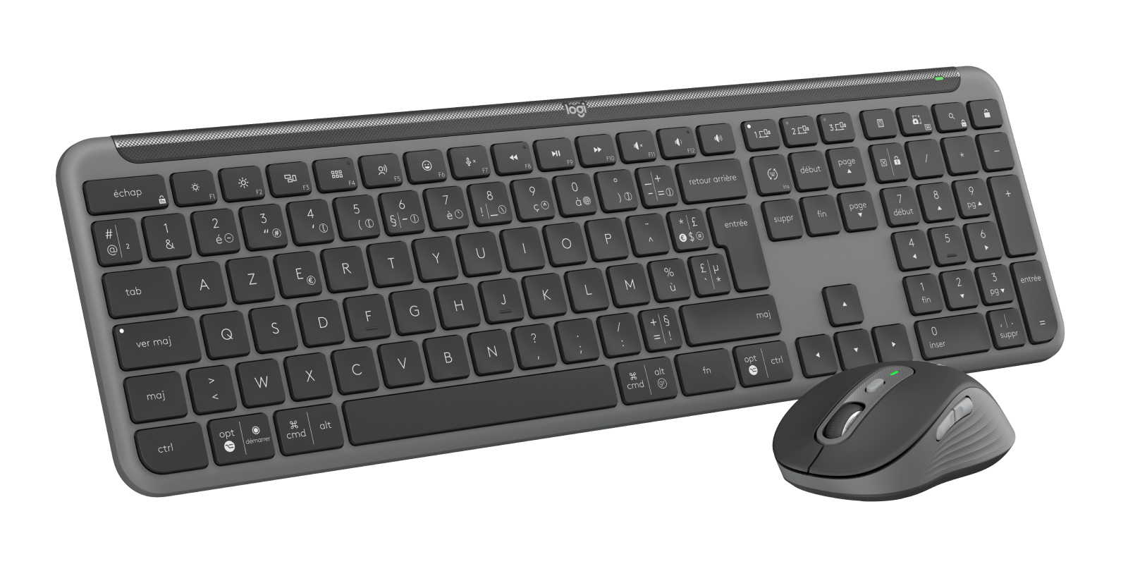 Una tastiera wireless grigia e un mouse abbinato su sfondo bianco.