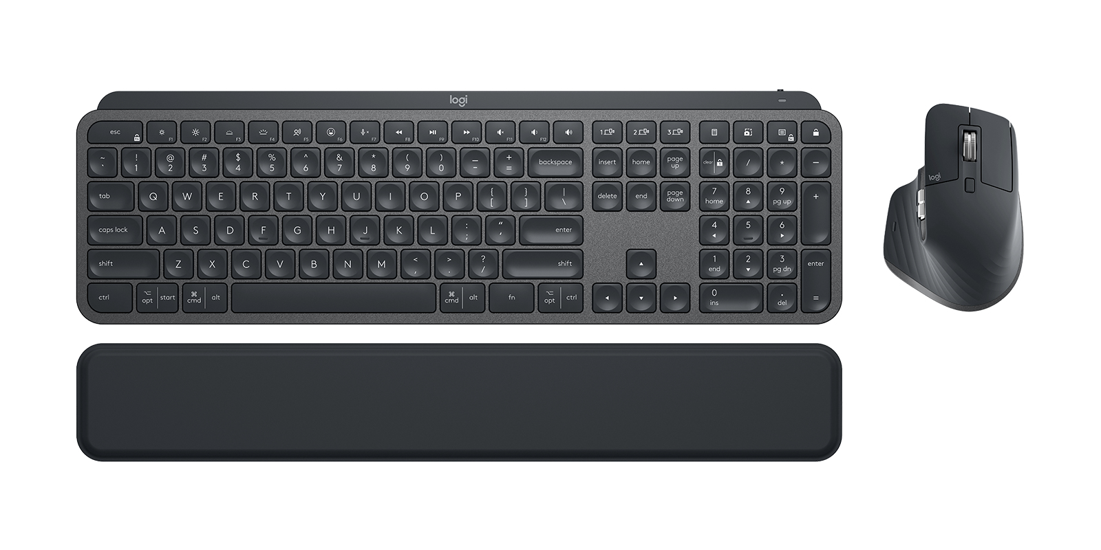 Una tastiera wireless grigia scura con tastierino numerico, un mouse ergonomico abbinato e un poggiapolsi sotto.