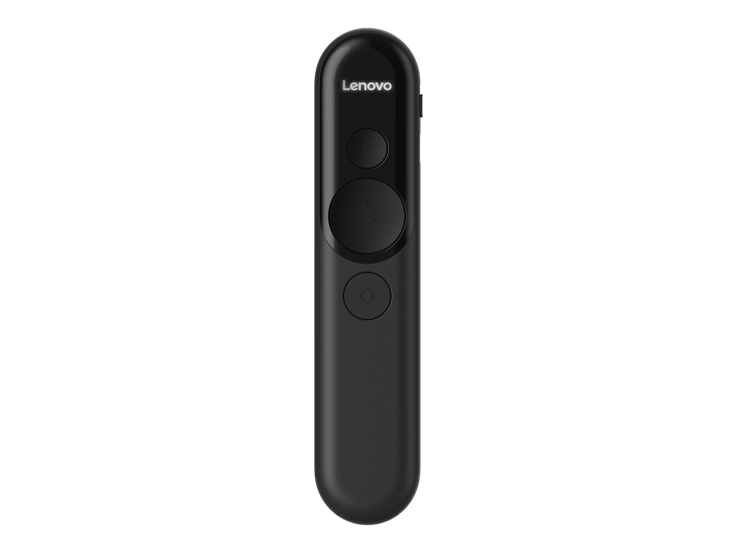 Beyaz arka planda navigasyon tuşlarına sahip siyah Lenovo sunum uzaktan kumandası.