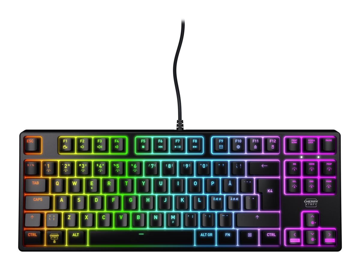 Eine schwarze mechanische Gaming-Tastatur mit lebendiger RGB-Beleuchtung und angeschlossenem USB-Kabel auf Weiß.
