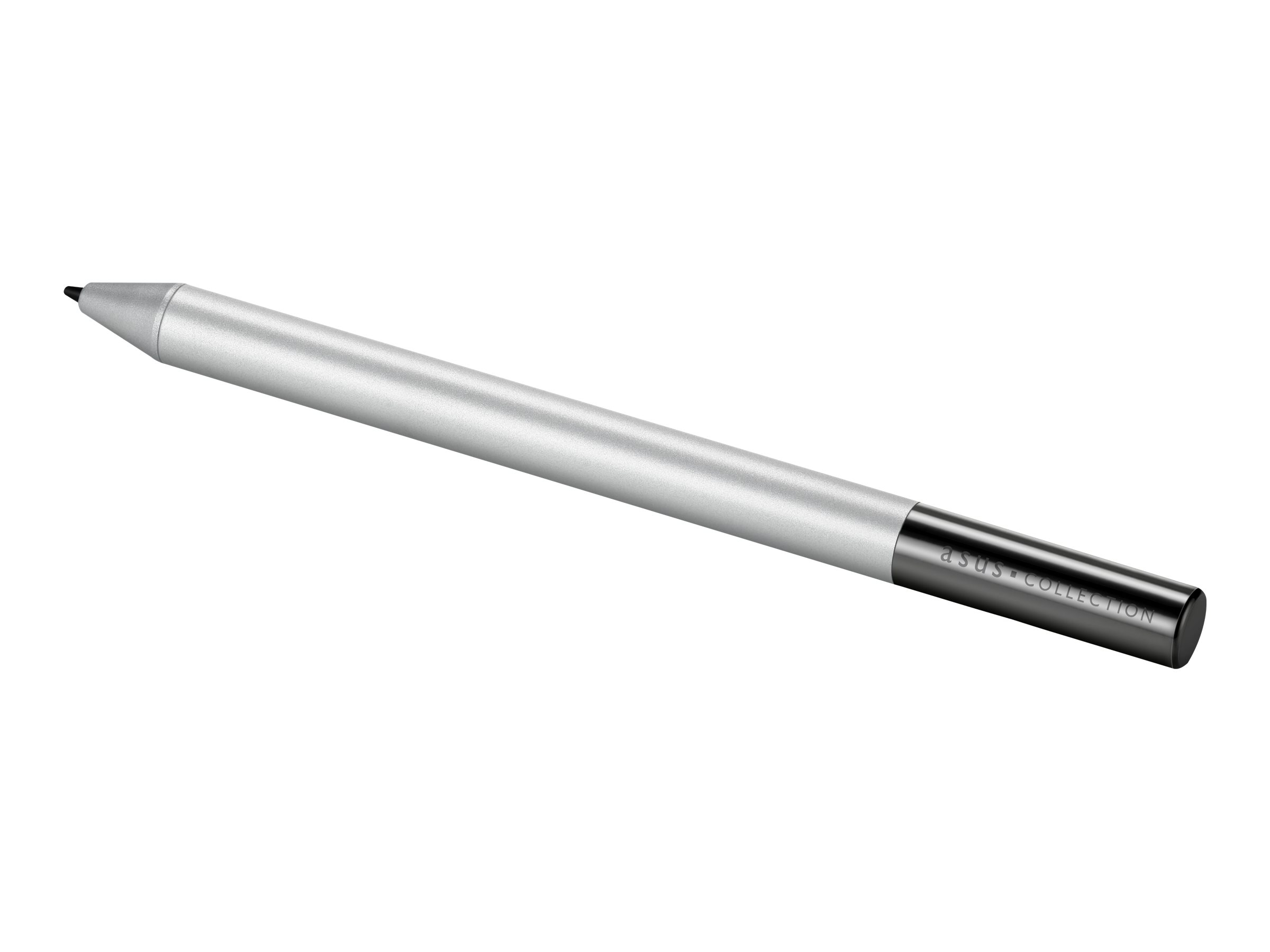 Un lápiz óptico Asus Collection plateado con punta y tapa negras sobre fondo blanco.
