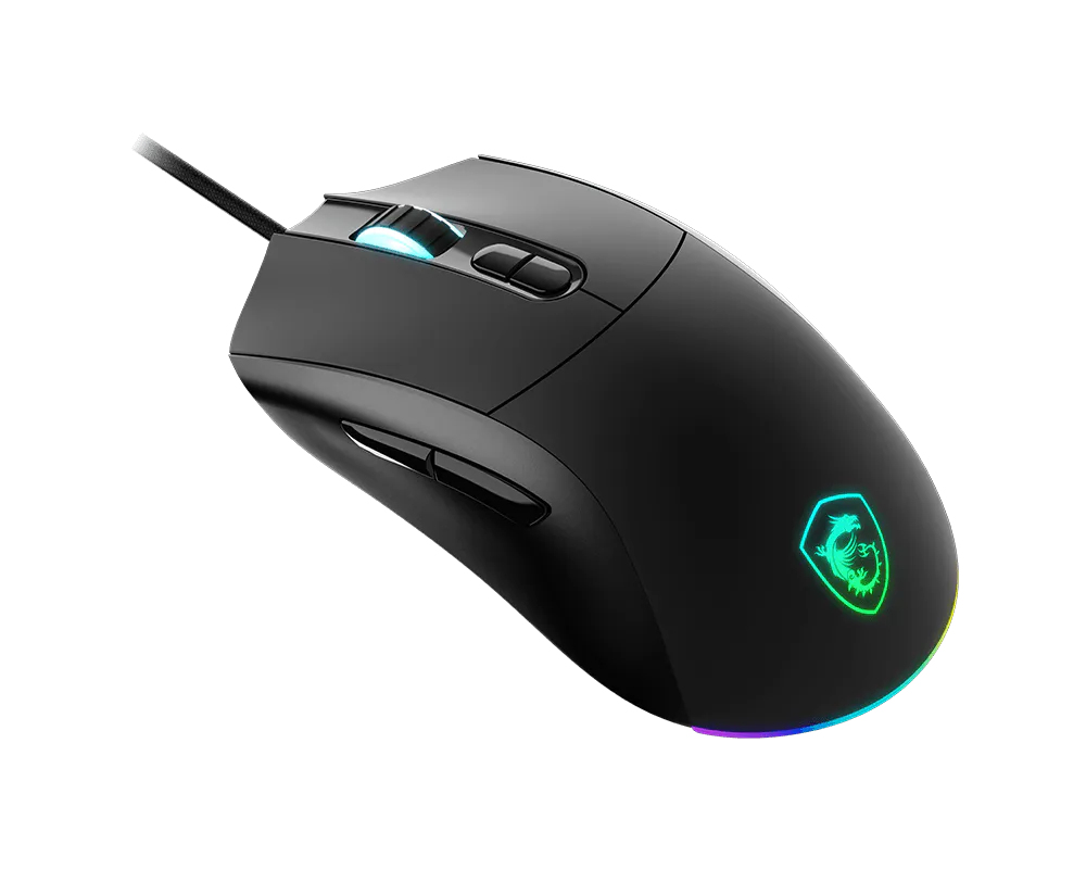 Ratón de juego negro con iluminación RGB en el logotipo y la rueda de desplazamiento.