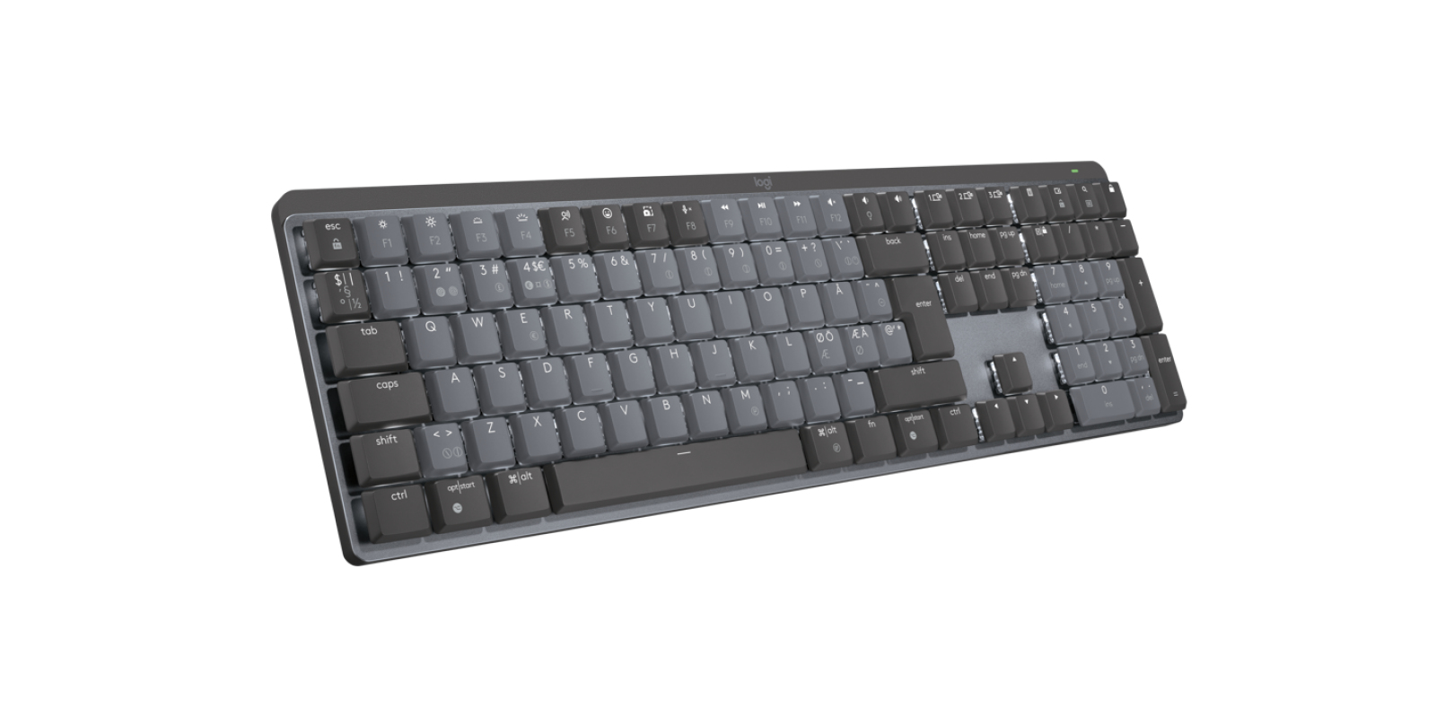 Tastiera wireless Logitech grigio scuro con layout scandinavo su sfondo bianco.