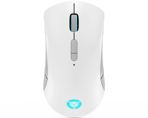 A white wireless computer mouse with blue lighting on the scroll wheel and logo.