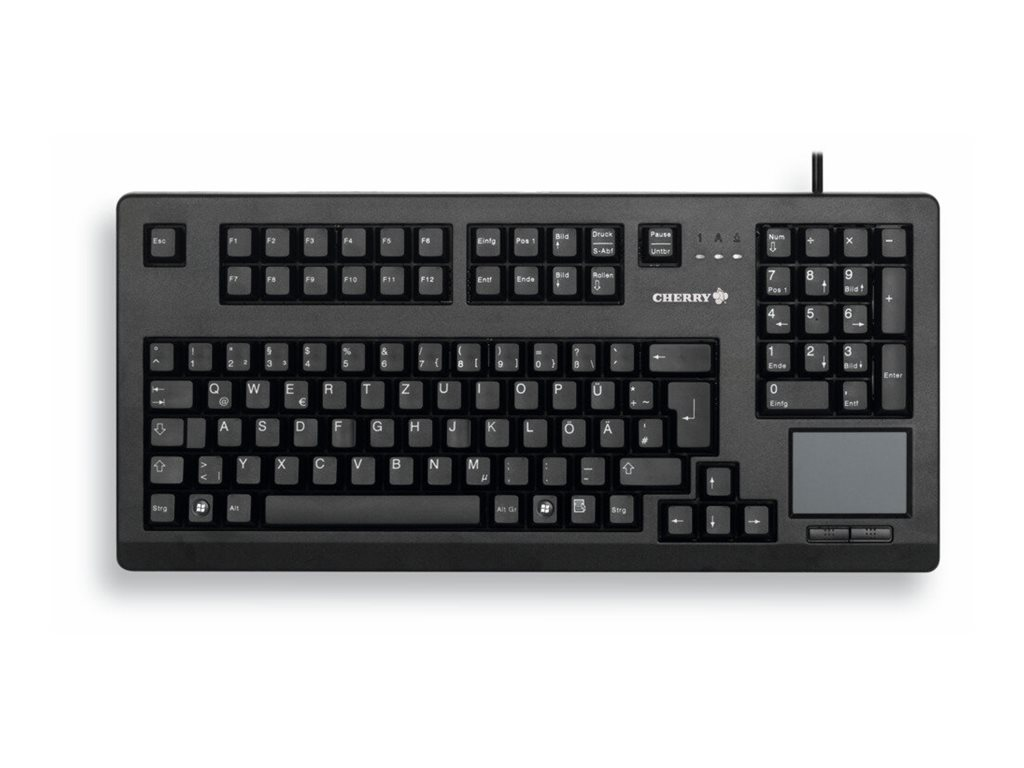 Teclado Cherry negro con panel táctil integrado, teclado numérico y distribución alemana QWERTZ.