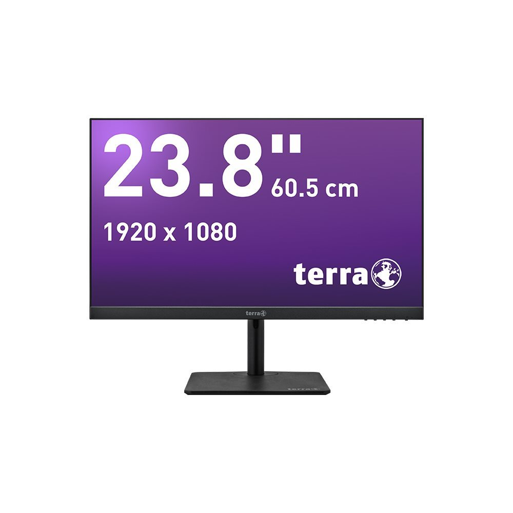 Un monitor Terra nero mostra 23.8 pollici, 60.5 cm e 1920 x 1080 su sfondo viola.