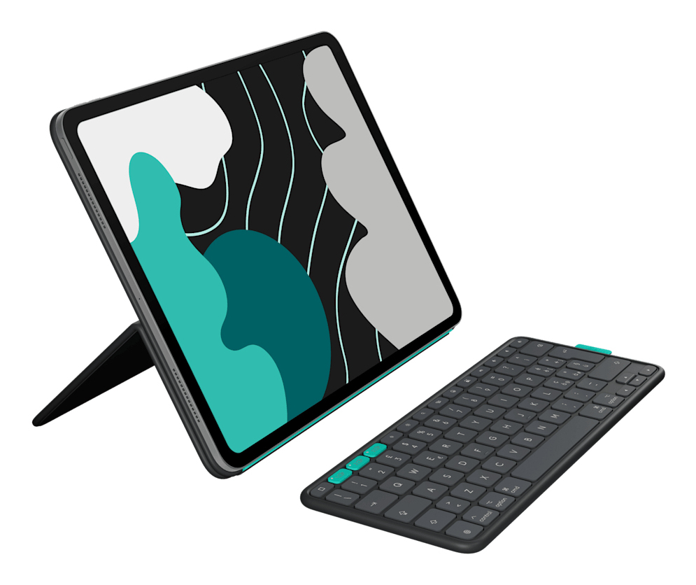 Un tablet con uno schermo colorato si trova su un supporto di fronte a una tastiera nera inclinata.