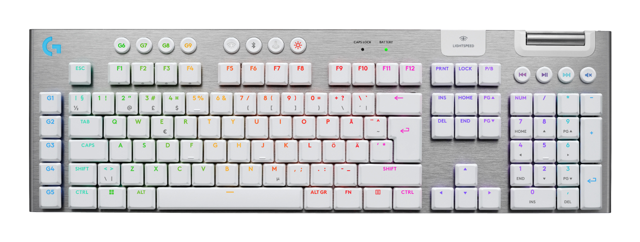 Eine silberne mechanische Tastatur mit weißen Tasten, mehrfarbiger Beleuchtung und Makrotasten.