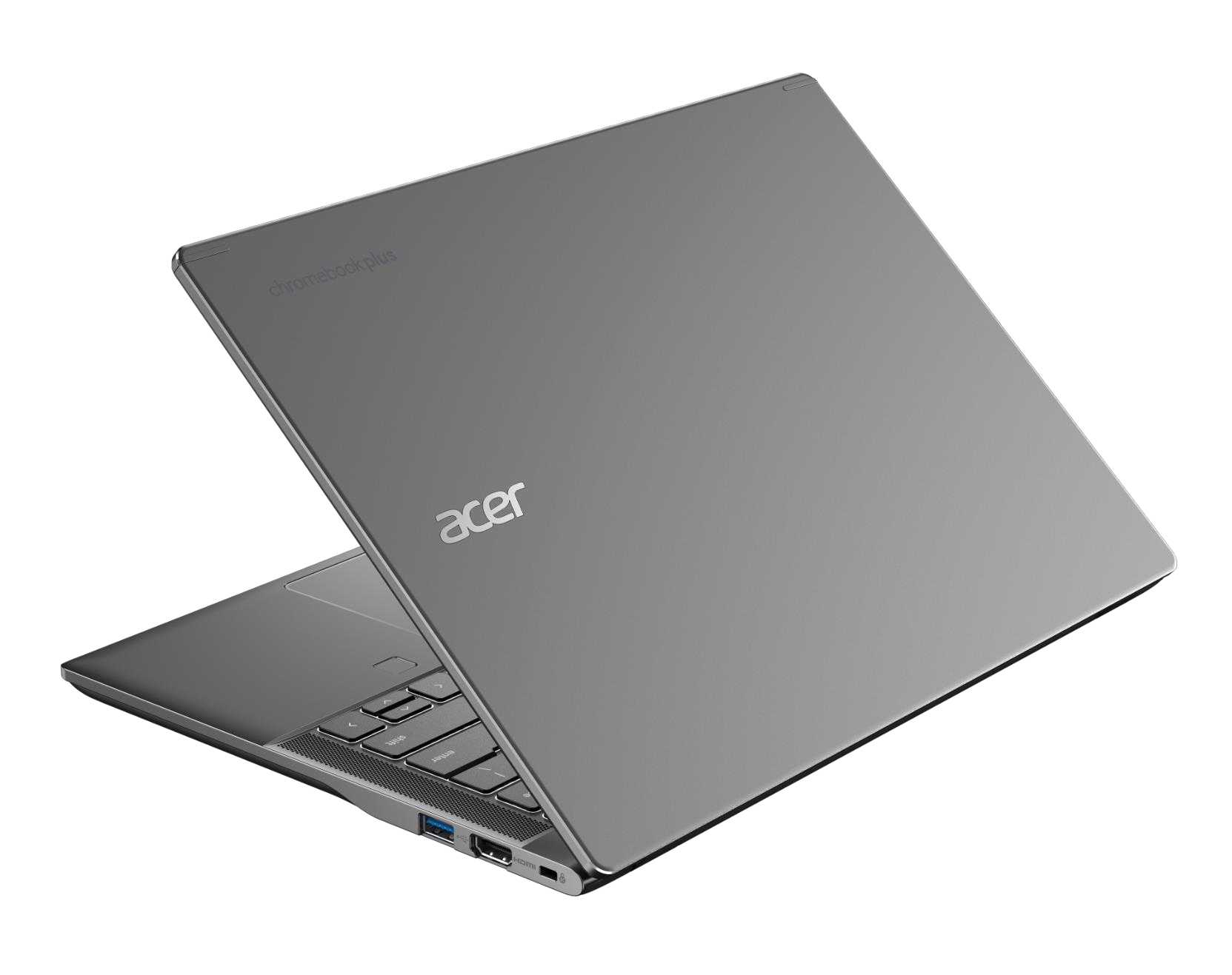 Ein geschlossener grauer Acer Chromebook Plus Laptop steht auf einer weißen Oberfläche.