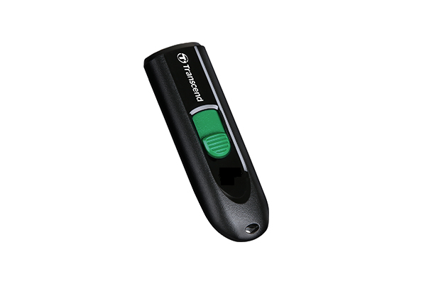 Chiavetta USB Transcend nera con interruttore a scorrimento verde e logo bianco.