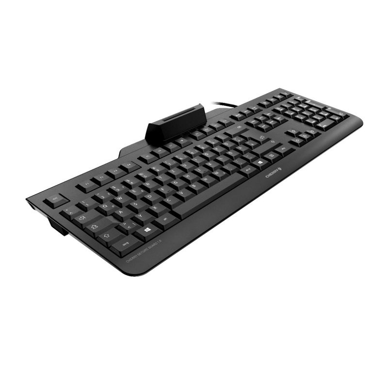 Eine schwarze Computertastatur mit integriertem Kartenleser auf weißem Hintergrund.