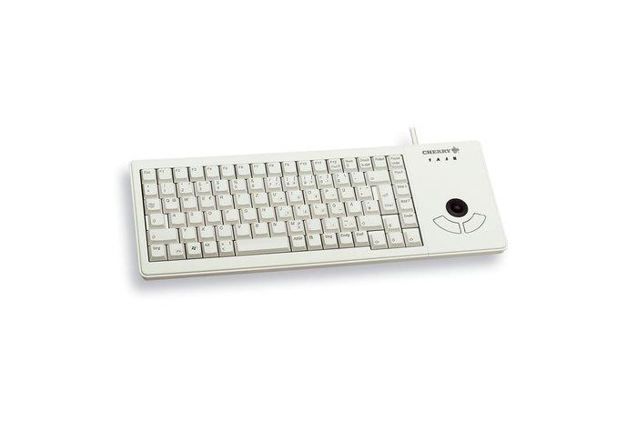 Weiße Cherry-Tastatur mit integriertem Trackball und drei Maustasten auf weißem Hintergrund.
