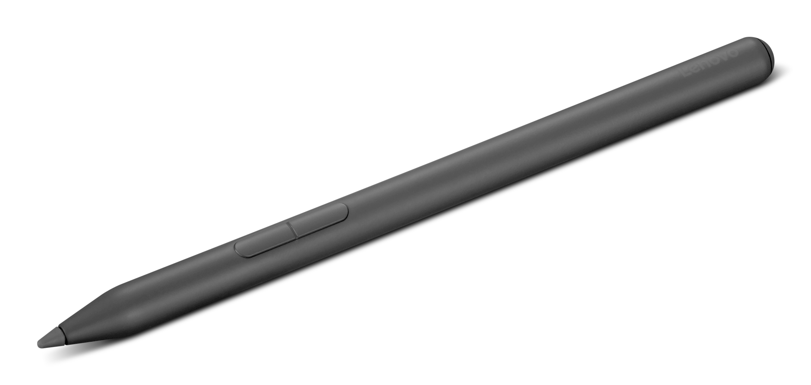 Ein schlanker, grauer Lenovo-Eingabestift mit zwei Tasten liegt diagonal auf weißem Hintergrund.