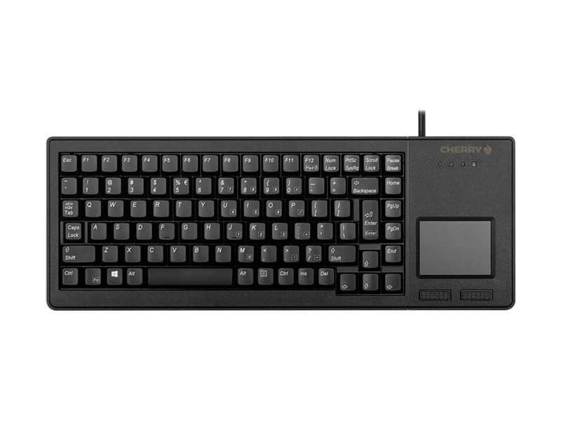 Schwarze Cherry-Tastatur mit integriertem Touchpad und Nummernblock auf der rechten Seite vor weißem Hintergrund.