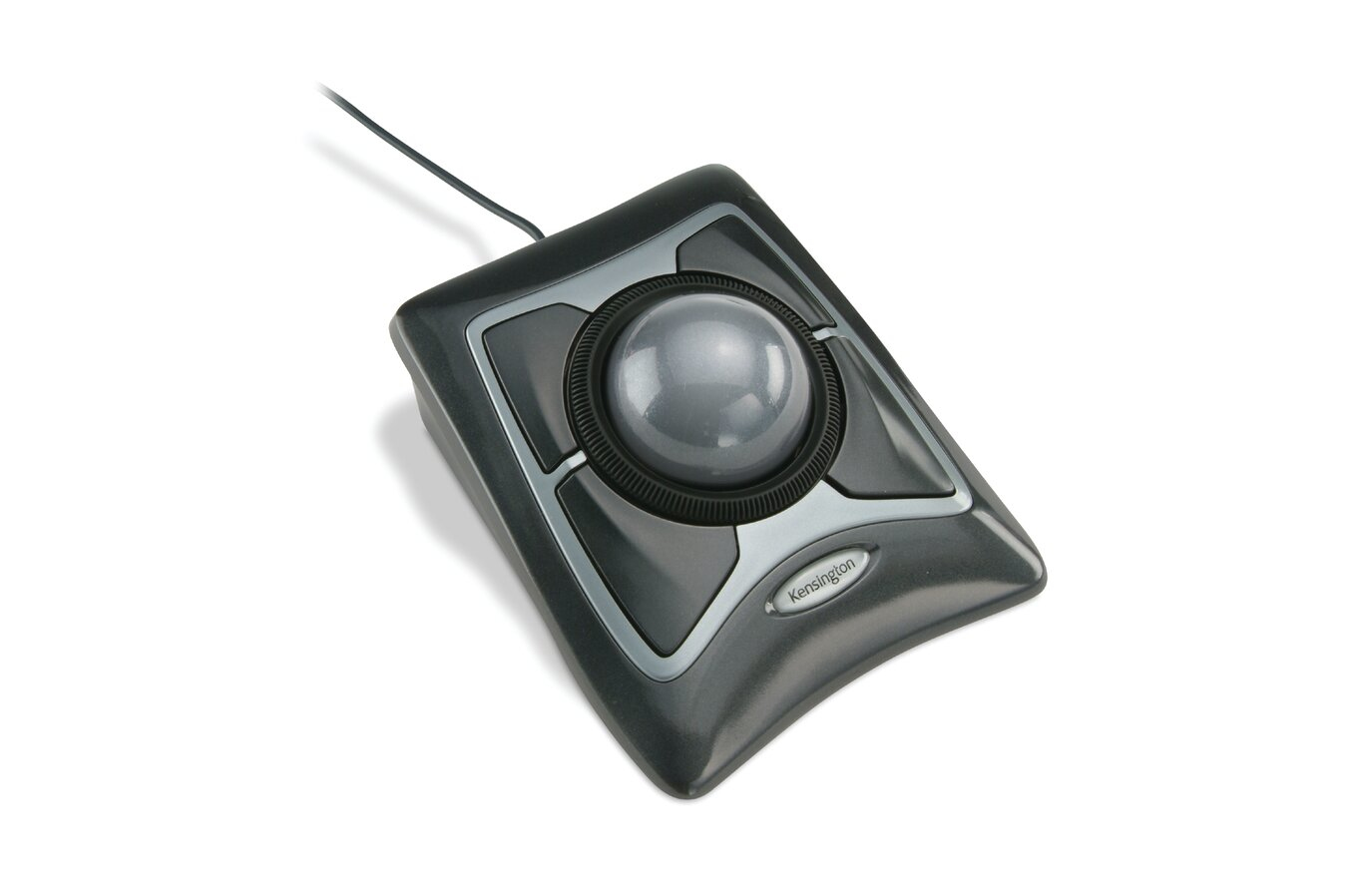 A dark gray Kensington trackball mouse with a large central ball and four buttons on a white background.