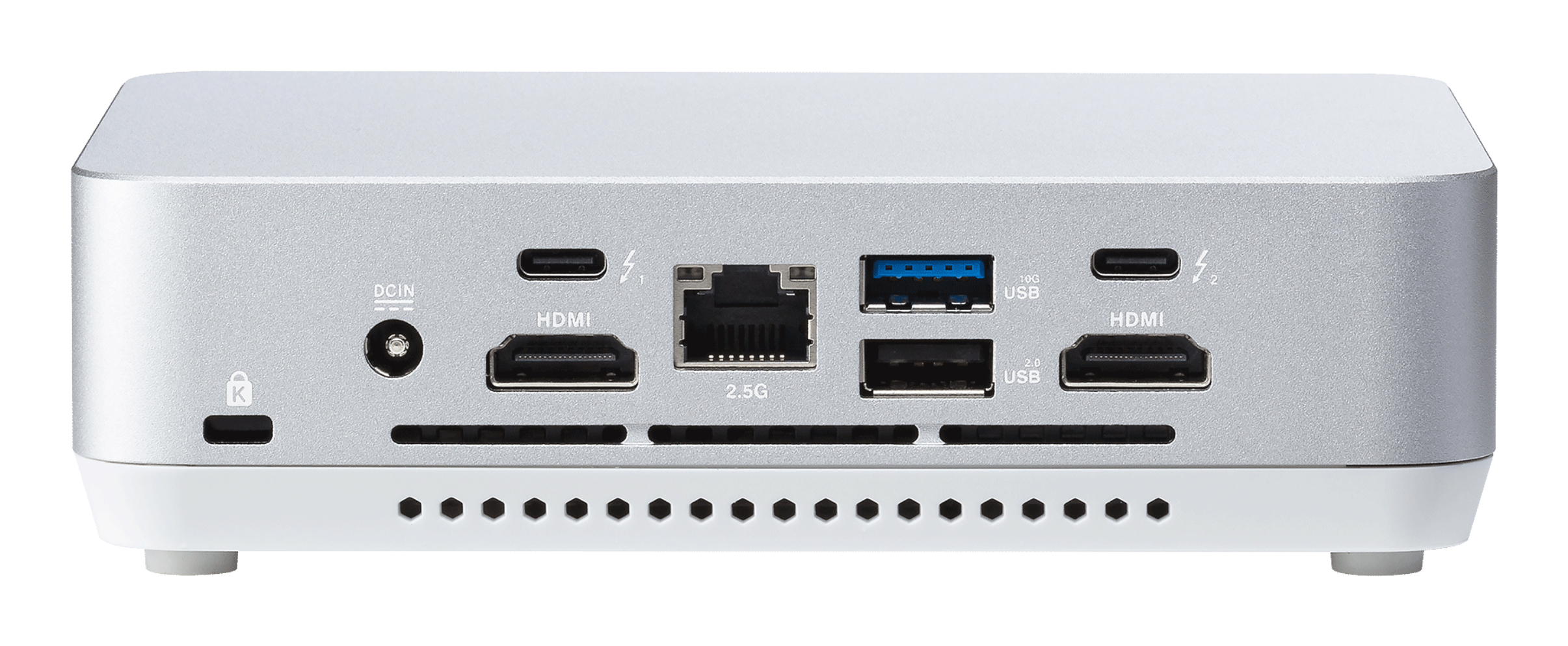 Back view of a silver docking station showing various ports like HDMI, USB, and Ethernet.