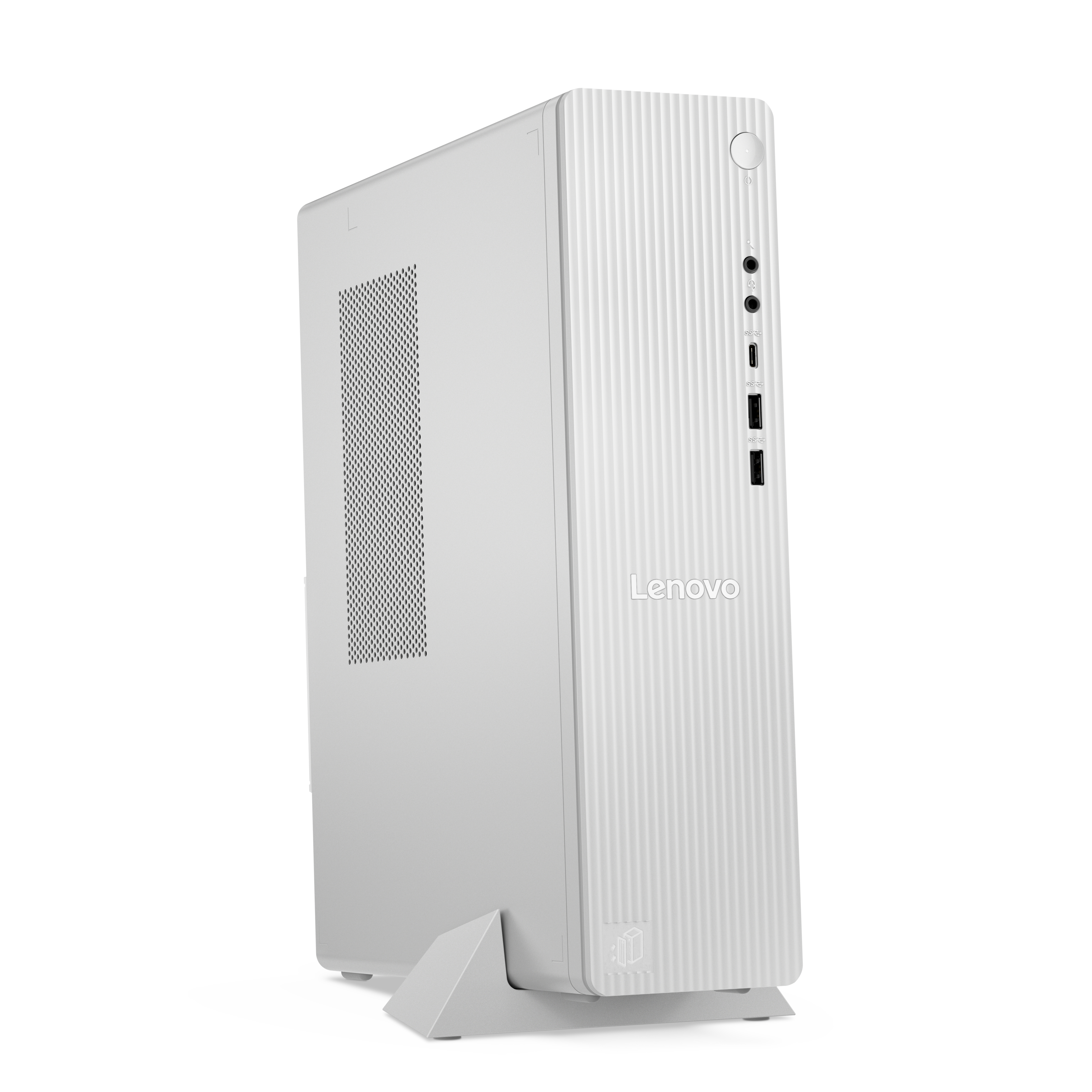 Un tower per PC desktop Lenovo bianco con scanalature verticali sul pannello frontale su sfondo bianco.