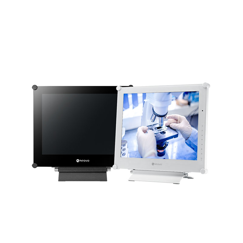 Dos monitores AG Neovo, uno negro con pantalla en blanco y otro blanco mostrando una vista de microscopio.