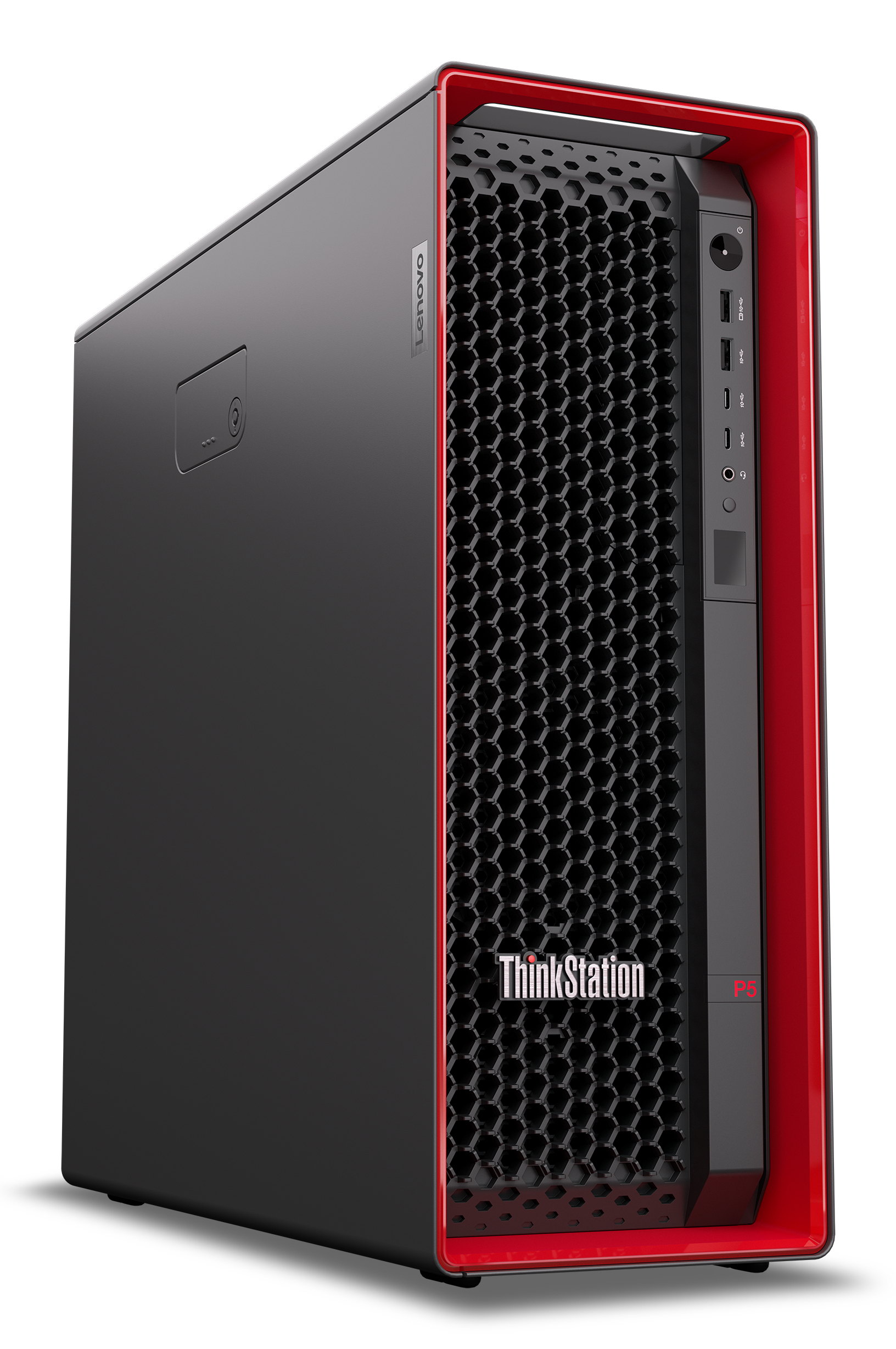 Ein Lenovo ThinkStation P5 Desktop-Computergehäuse in Schwarz mit roten Akzenten und einem bienenwabenförmigen Gitter.