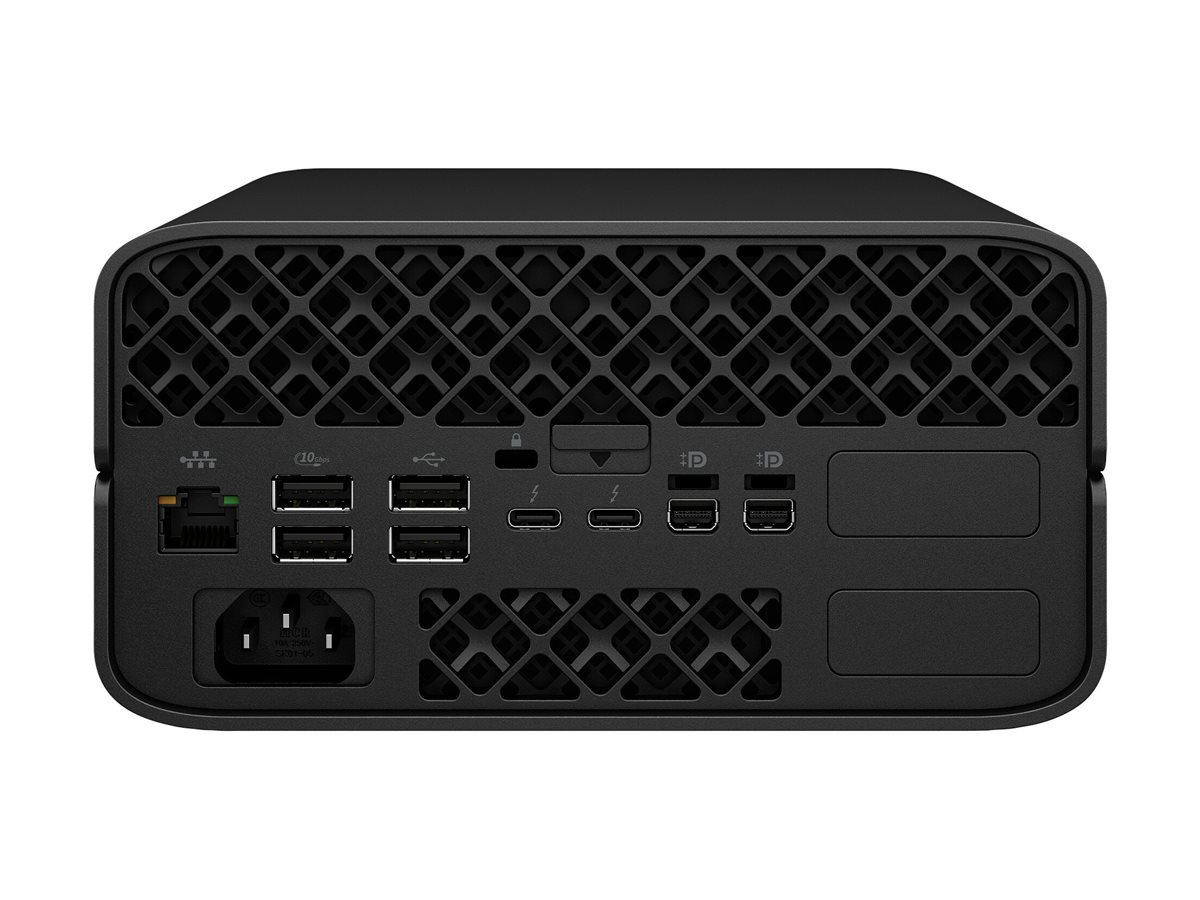 Rear view of a black docking station with various ports including Ethernet, USB, USB-C, DisplayPort, and power.