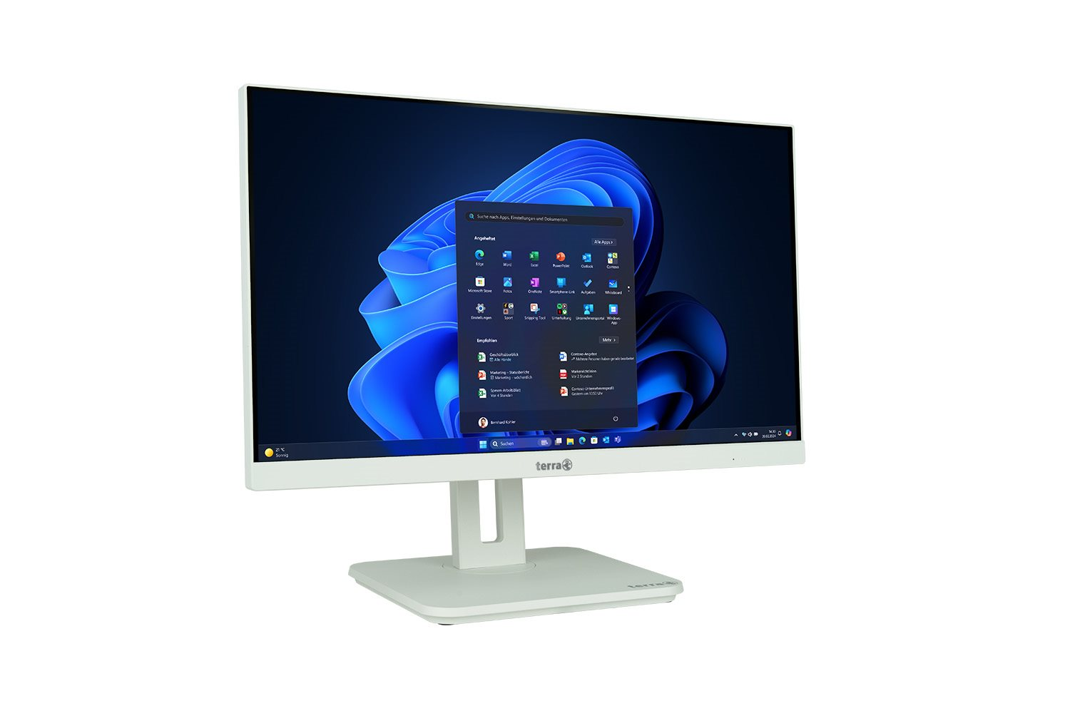 Biały monitor komputera Terra wyświetla pulpit systemu Windows 11 na niebieskim tle.
