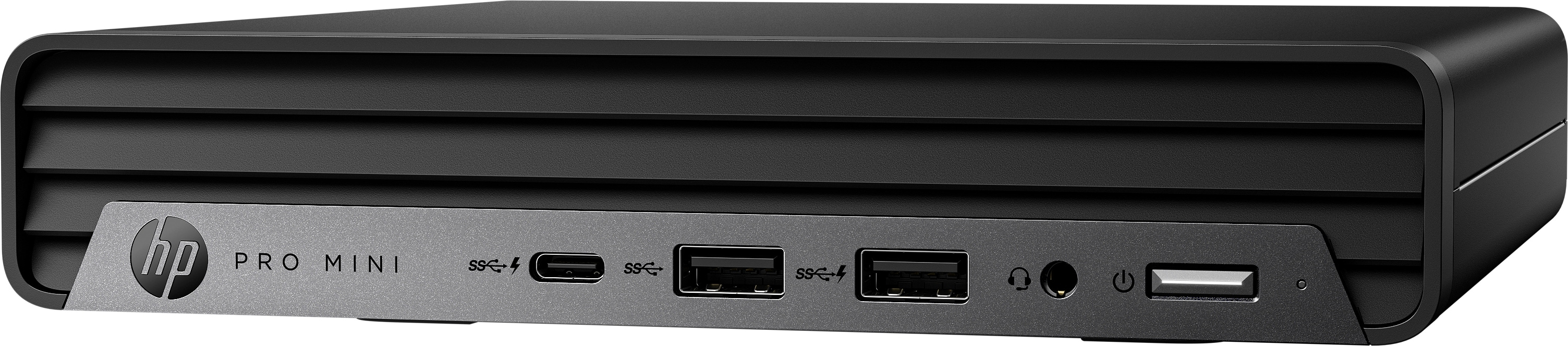 Vista frontale di un mini PC HP Pro nero con porte USB, jack audio e pulsante di accensione.