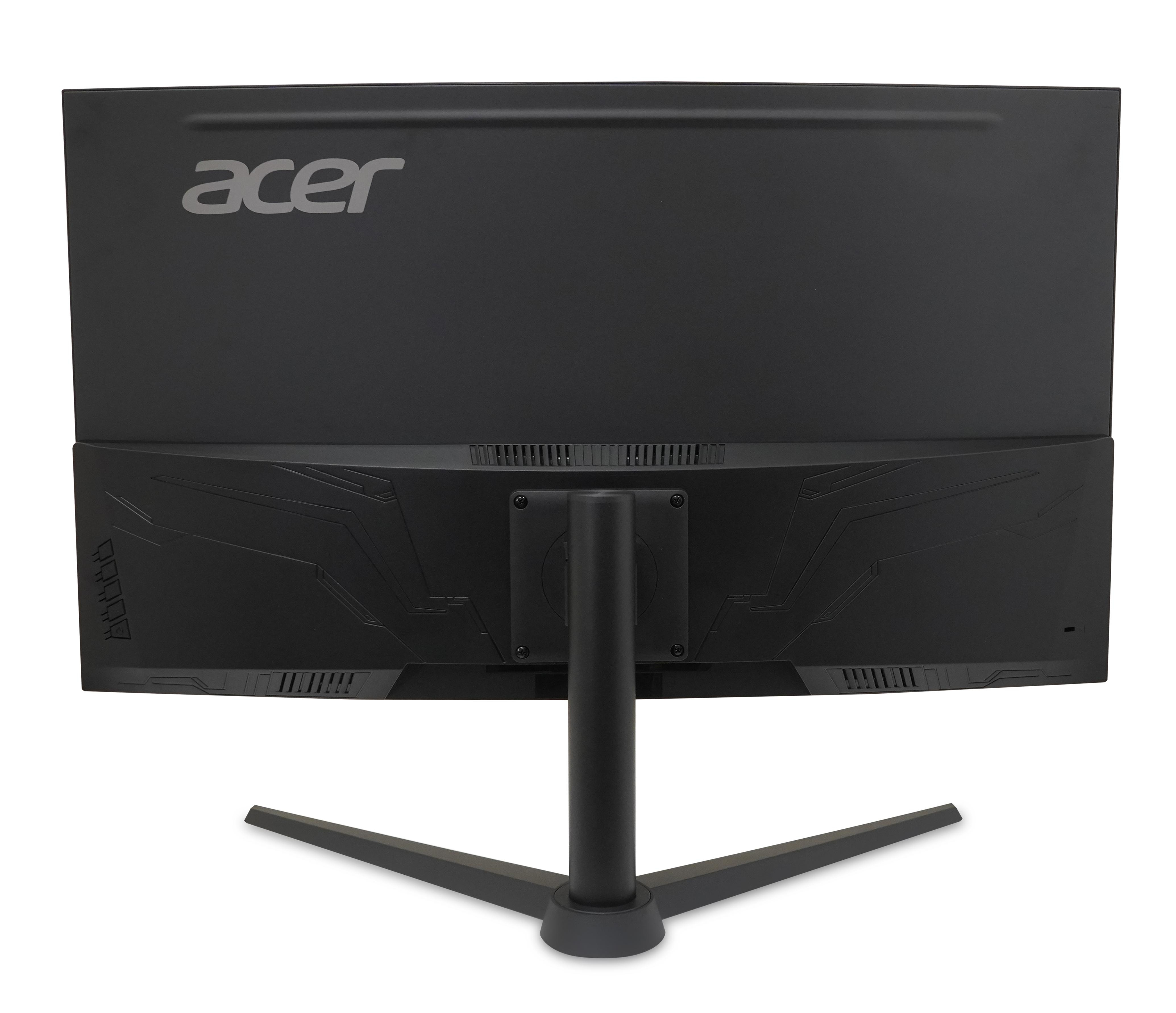 Vista posteriore di un monitor Acer nero con supporto a V su sfondo bianco.