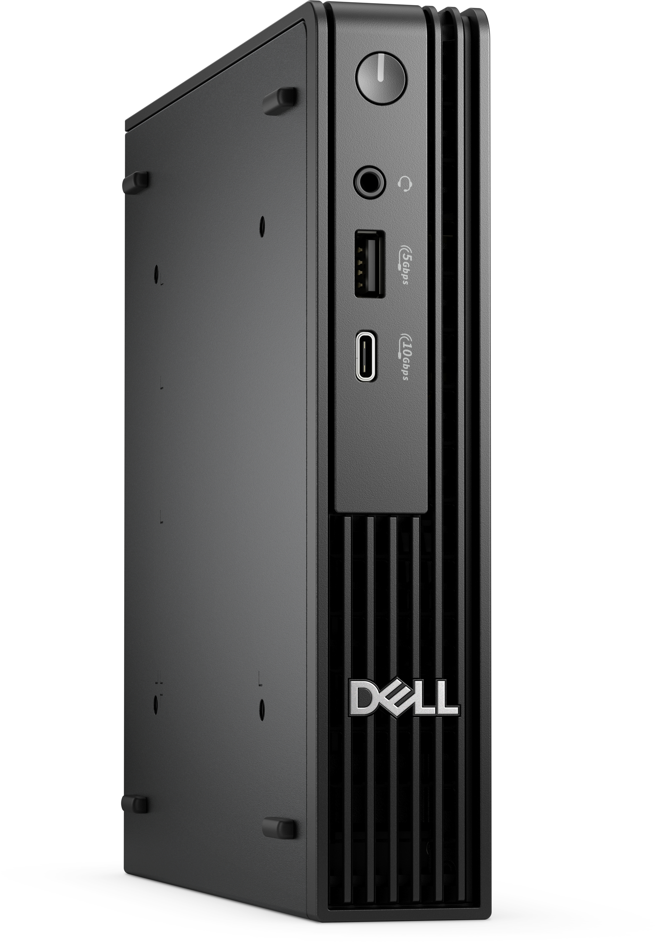 Un mini PC Dell nero compatto con porte anteriori e il logo Dell su uno sfondo bianco.