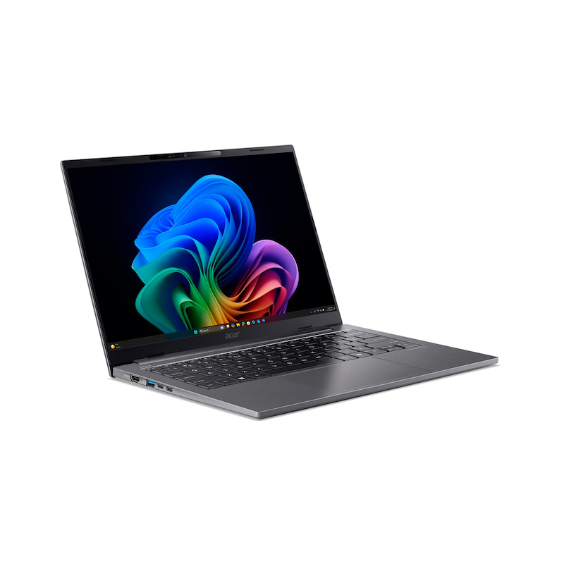 Ein grauer Acer-Laptop mit einem farbenfrohen, abstrakten Hintergrundbild auf dem Bildschirm vor weißem Hintergrund.