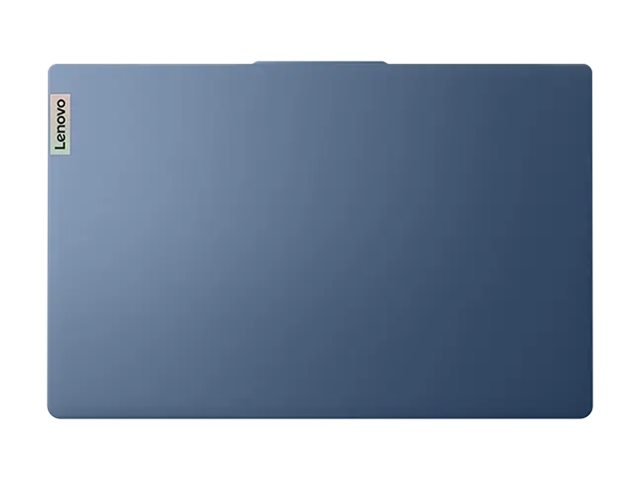 Geschlossener blauer Lenovo Laptop mit bunten Logo in der linken oberen Ecke.